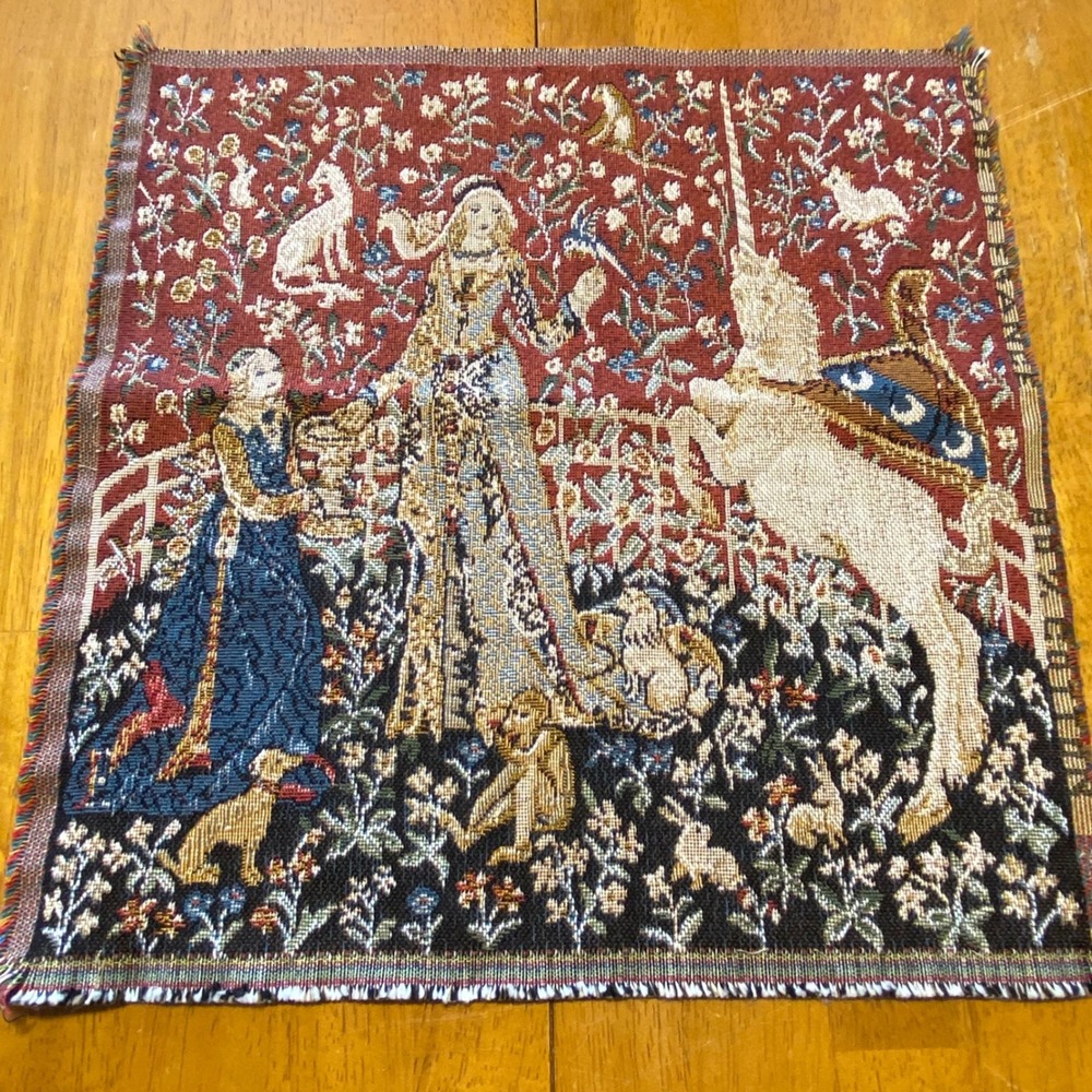 Tapestry Panel 14x14 Red Excellent Lady and the Unicorn Made In France Medieval
